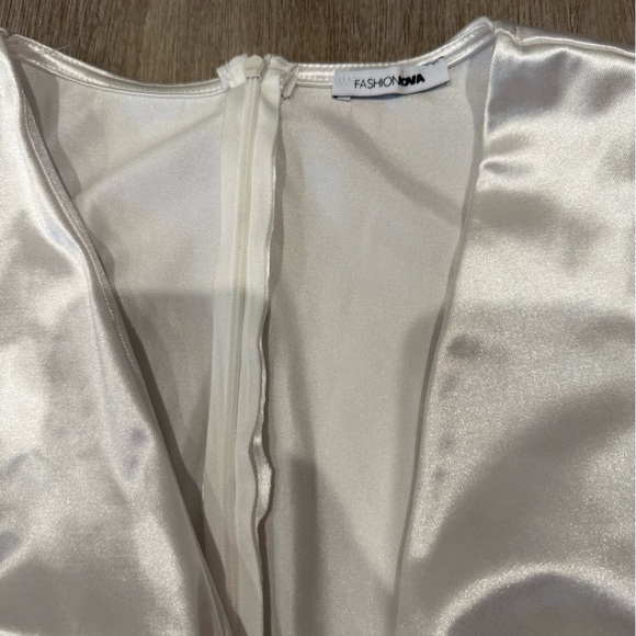 Fashion Nova White Thicker Satin Cut Out Mini Dress With Dramatic Waist Tie - Picture 5 of 5